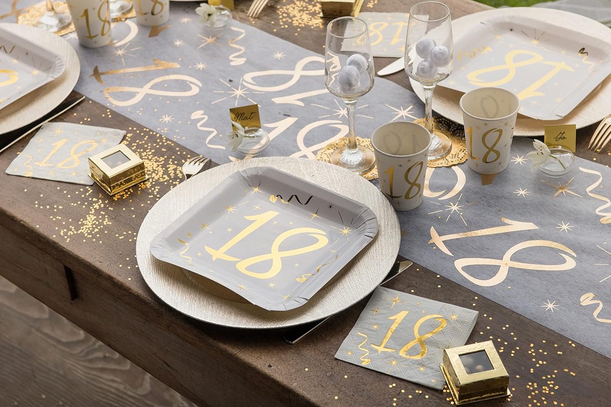 Tafelloper wit-goud 70 jaar 30 cm x 5 m - Decoratieve stof voor tafeldecoratie