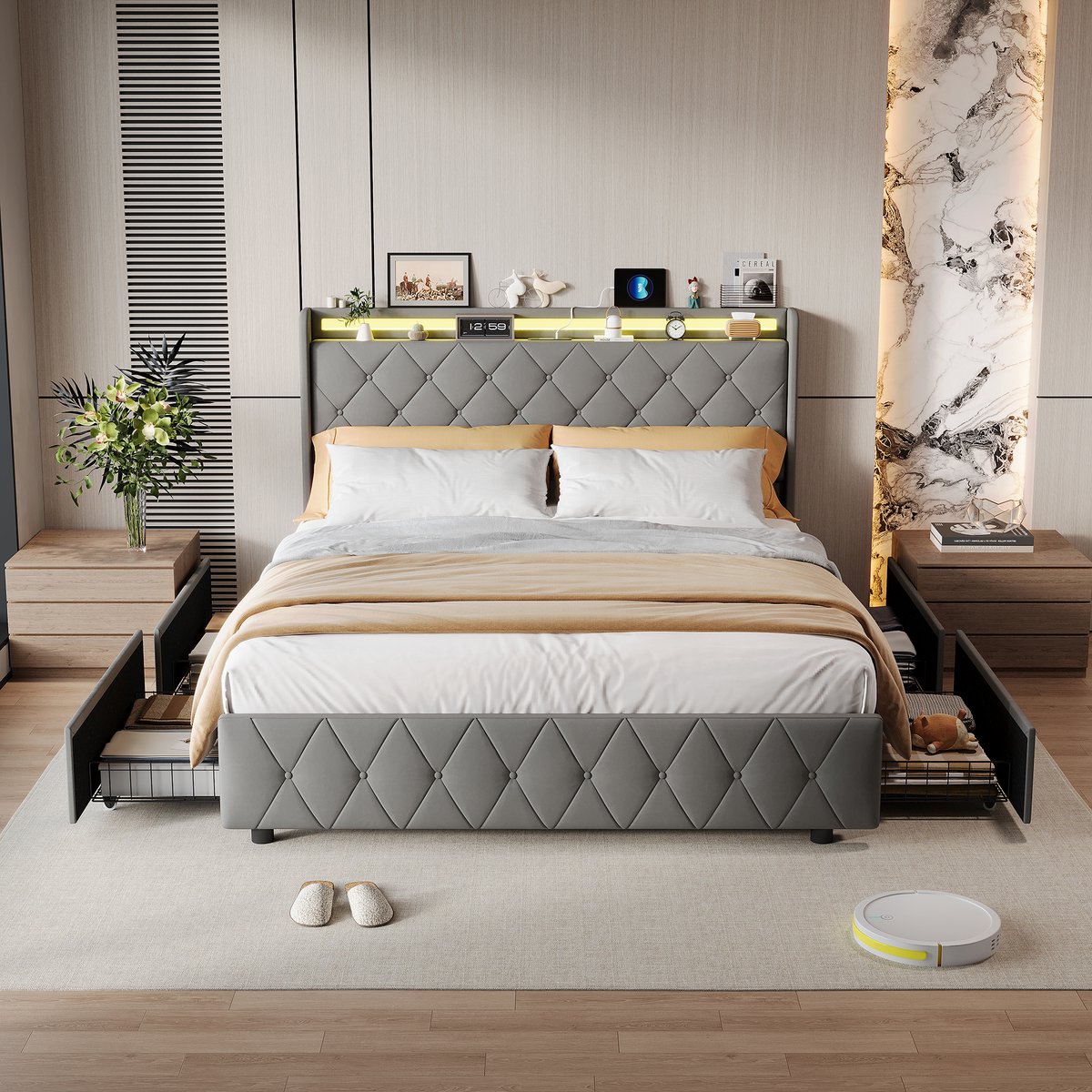 Gestoffeerd Bed 160x200 cm met LED & USB-C – Tweepersoonsbed met 4 Opberglades, Grijs Fluweel, Geschikt voor Volwassenen en Adolescenten (Zonder Matras)