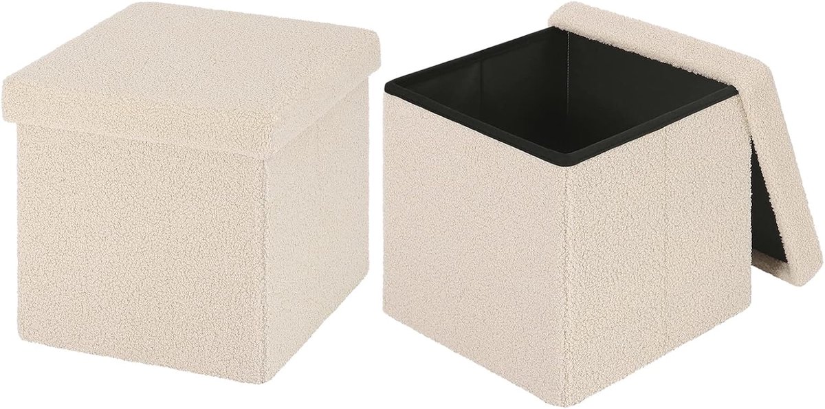 Set van 2 Inklapbare Kubuspoefen - Footstools met 38 Liter Inhoud - Pluche Beige