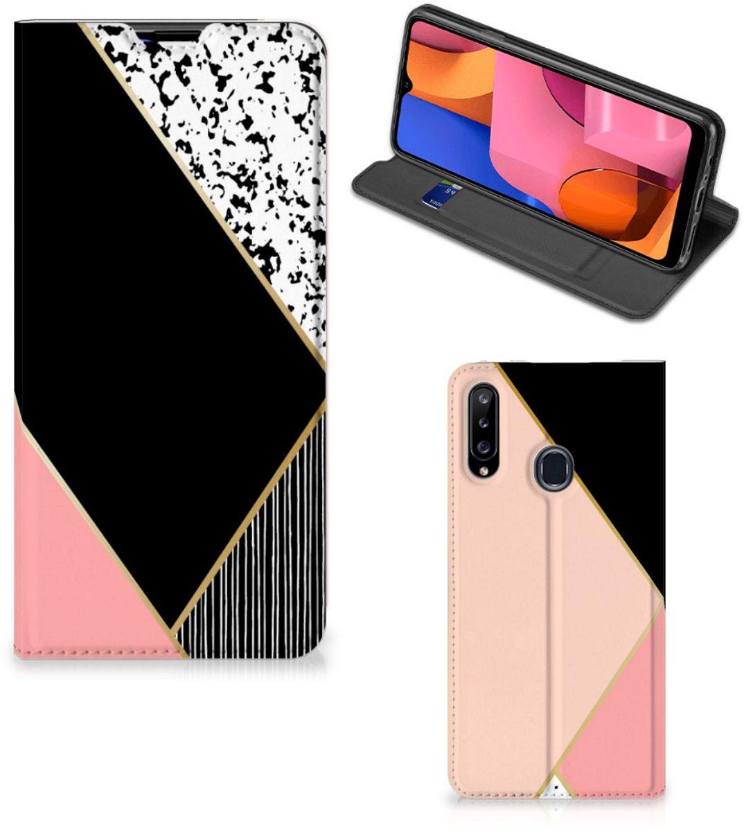 Samsung Galaxy A20s Stand Case Zwart Roze Vormen