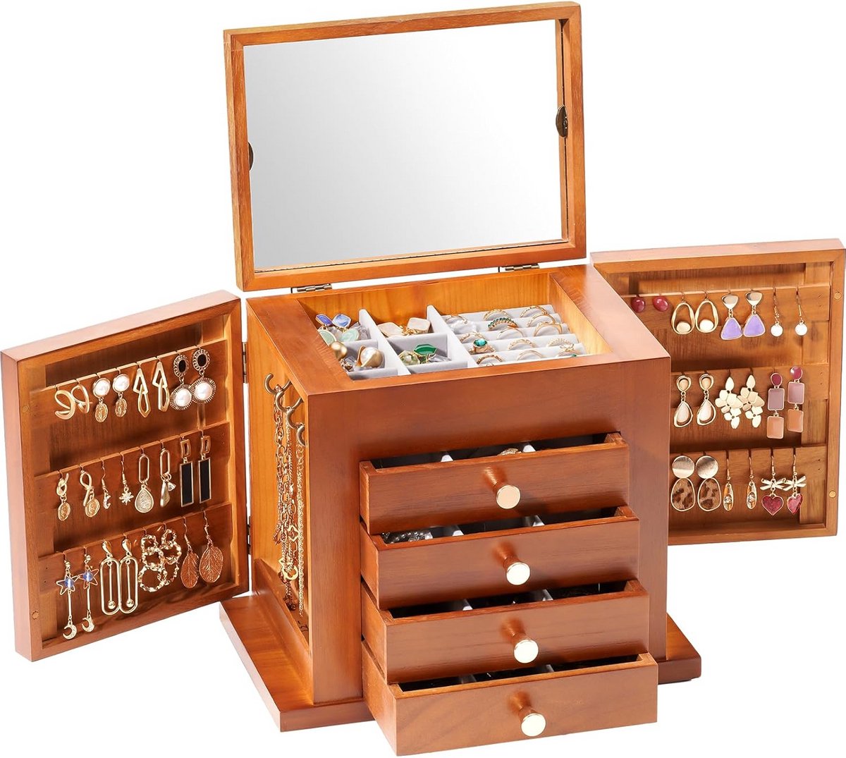 Houten Sieradenbox met 5 Lagen - Organizer voor Sieraden met Spiegel voor Oorbellen, Armbanden en Halskettingen - Bruin