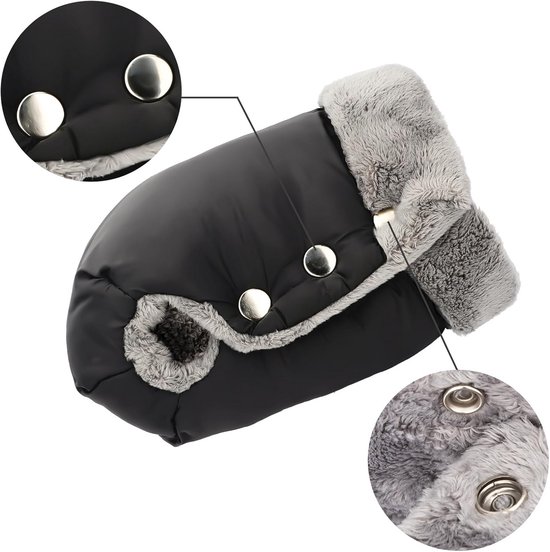 Handwarmer, kinderwagen, handschoenen, handmof met warme fleece en katoenen binnenkant, waterdicht en winddicht, handmof, universele maat voor kinderwagen, buggy (1 moedermelk-mossel, zwart) — afbeelding 4