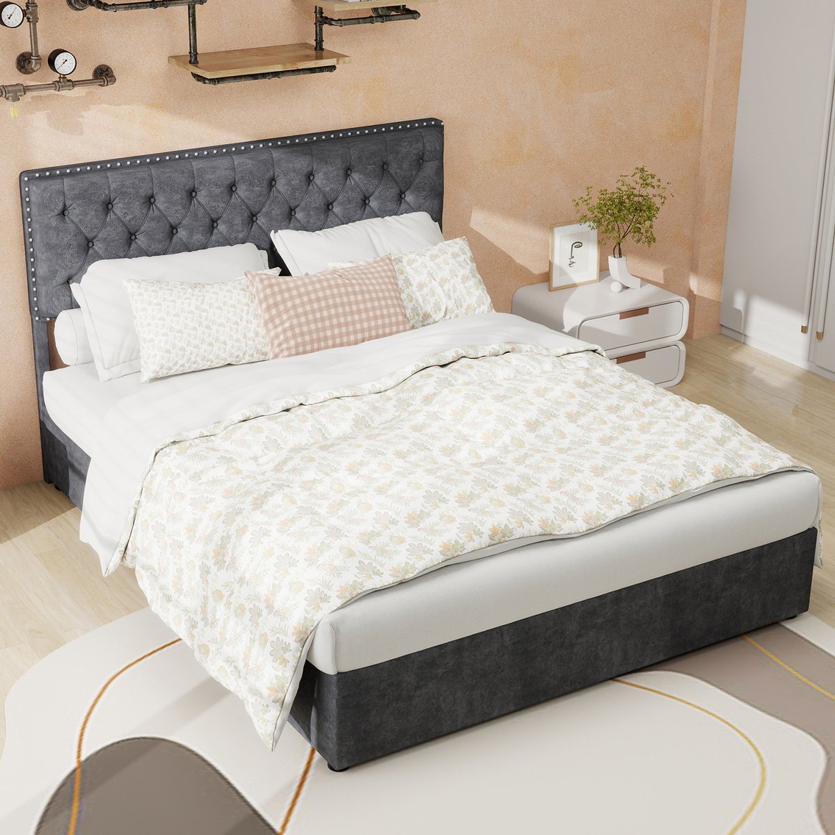 MIVRAY Gestoffeerd Bed 140x200 cm - Zonder Matras Met Hoog Hoofdbord En Opbergruimte Onder Bed - Stof En Metaal - Grijs
