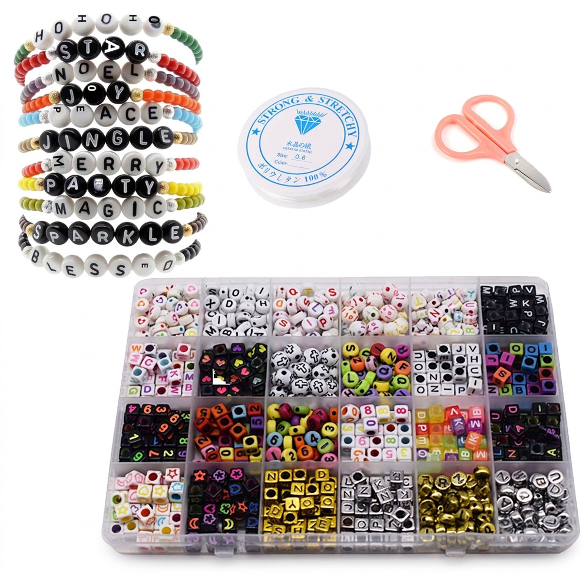 Hearyoo DIY Kralenset voor Armbanden & Kettingen – 1080 Kralen met Letters – Kinder Knutselset met 24 Vakken Opbergdoos, Schaar & Elastisch Draad