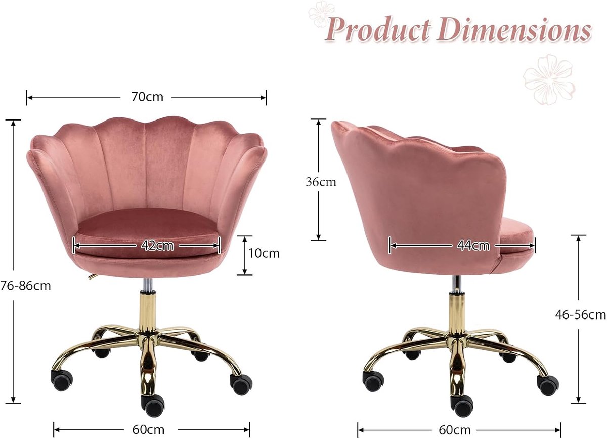 Bureaustoel Casa Velluto Velvet Petal Luxe Draaistoel – Roze Fluweel – Gouden Metalen Poten – In Hoogte Verstelbare Bureau Stoel – Make-Up Stoel / Kaptafel Stoel – Moderne Design Computerstoel