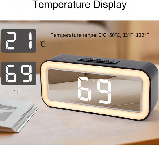 Nachtlampje met Digitale Wekker en LED Spiegel - Instelbare Helderheid, Dubbel Alarm en Snooze Functie voor Slaapkamer van Merkloos — afbeelding 3