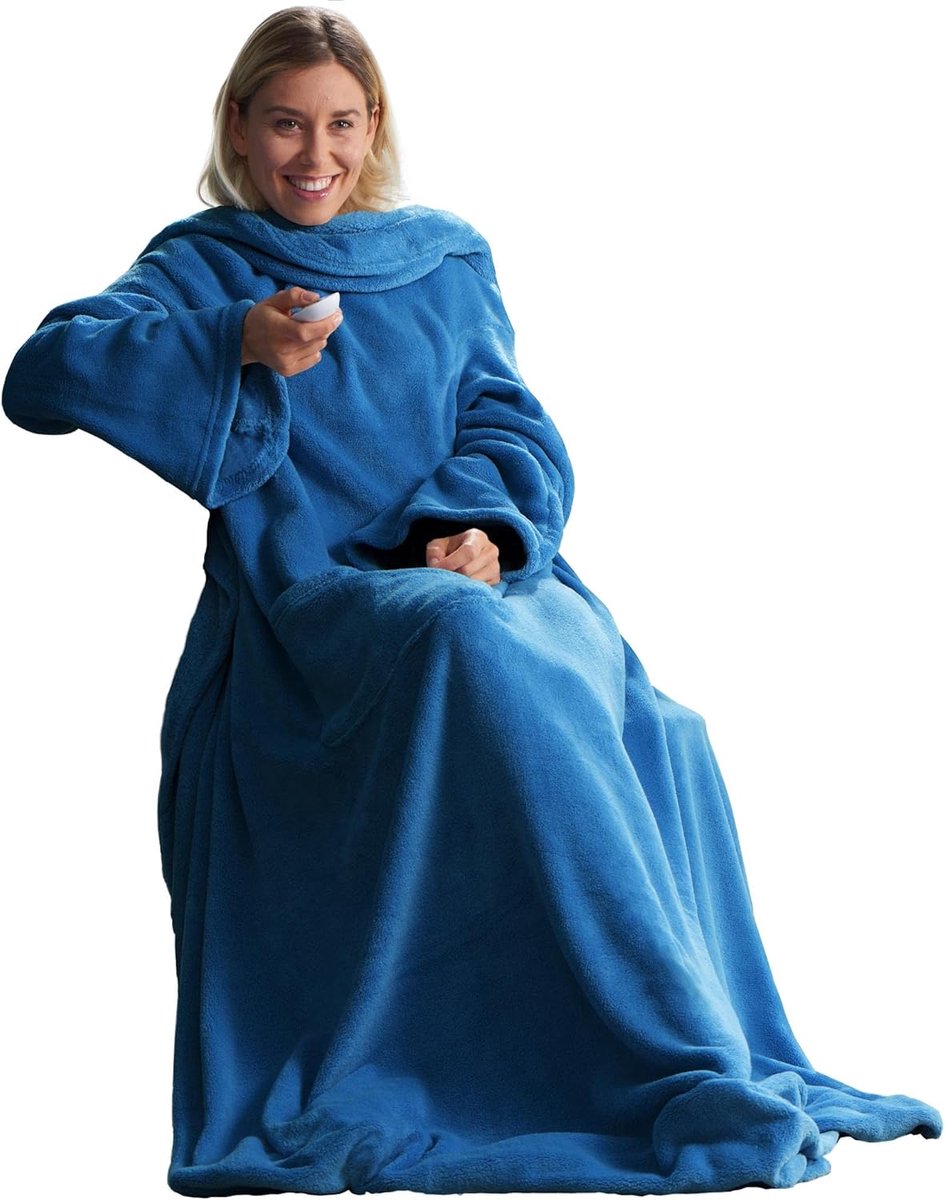XL TV-deken met mouwen en voettas - 170 x 200 cm - Blauw Koraal Fleece