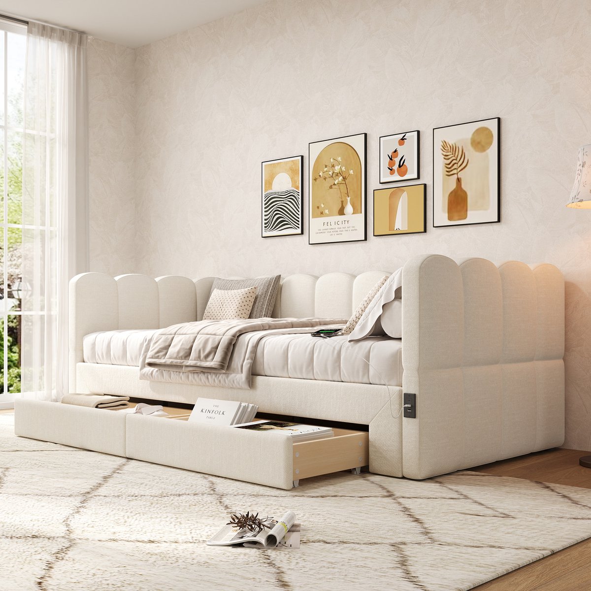 Wishdor Uitschuifbaar Dagbed - Met 2 Lades - Met Usb- En Type-C-Aansluitingen - Linnen - Beige - 90 X 190 Cm Tot 180 X 190 Cm