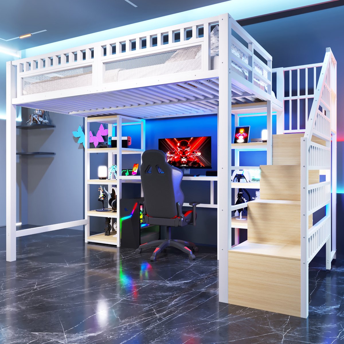 Wishdor Hoogslaper - 140x200 cm - Bureau Met USB, Opbergrek En Opbergtrap - Led-Lichtstrip Met App - Metaal en MDF - Wit