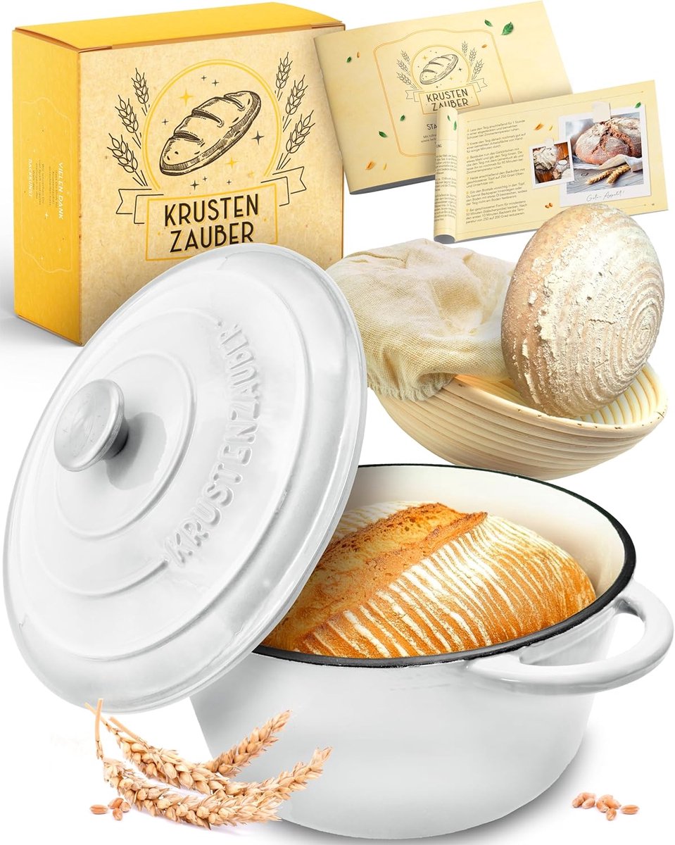 Enamelled Cast Iron Bread Baking Pan with Yeast Basket - 26 cm Baking Pot with Accessories