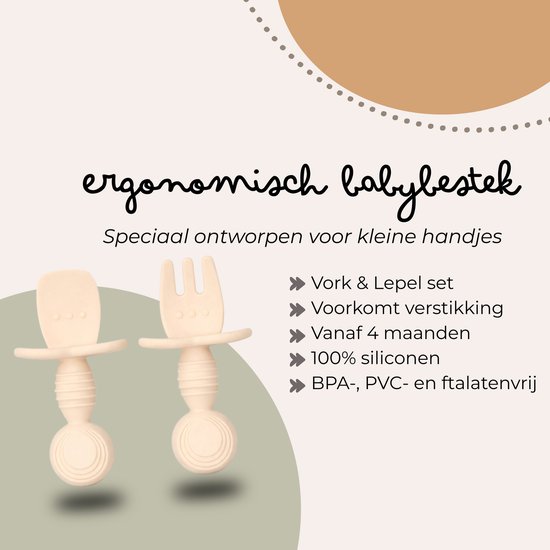 Jikkies® - Siliconen Kinderbestek Set - Baby Bestek - Lepel & Vork - Beige - Veilig - Duurzaam - Kindvriendelijk - 100% Siliconen - Vaatwasserbestendig - Magnetronbestendig - Oefenbestek - Ergonomisch Bestek van Jikkies — afbeelding 2