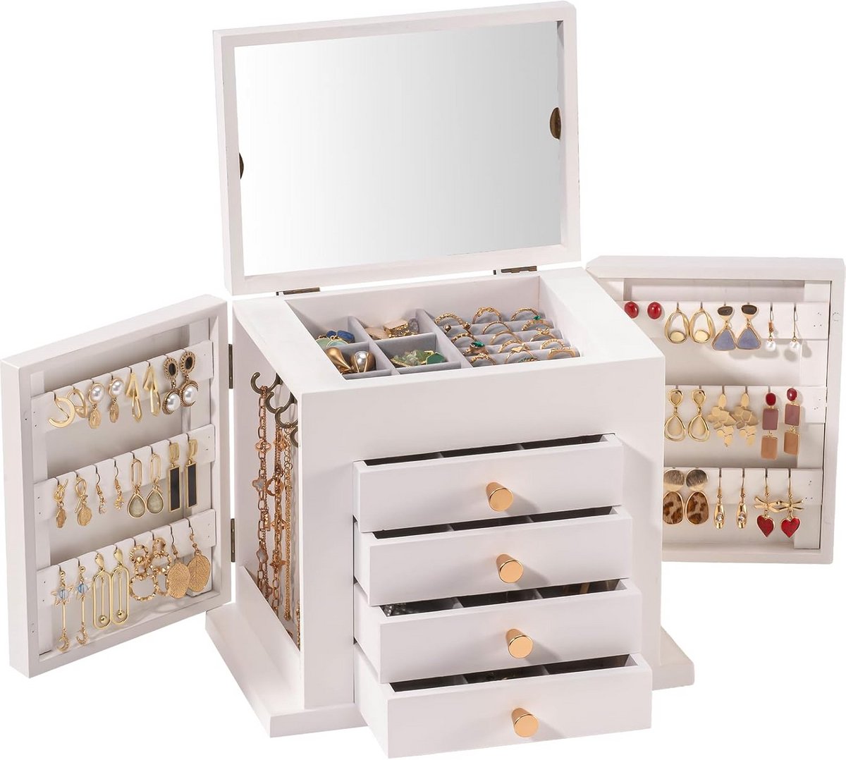 Houten Sieradenbox - 5 Laags Organisator voor Sieraden met Spiegel - Perfect voor Oorbellen, Armbanden en Kettingen