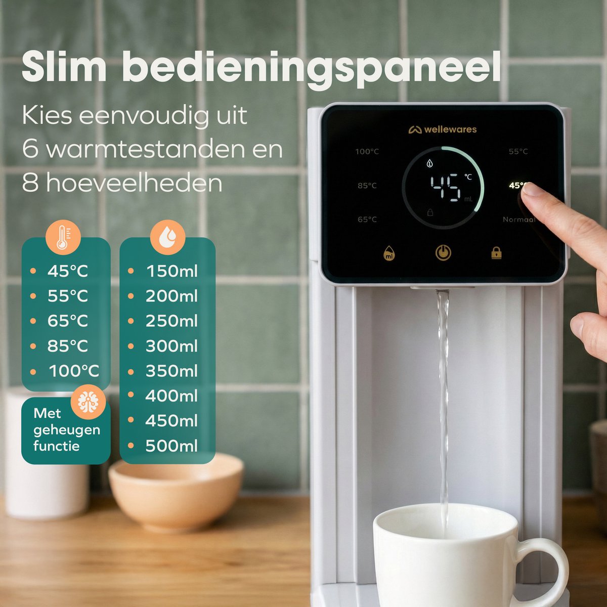 Wellewares - Heetwaterdispenser - Waterkoker - 6 Temperaturen 25-100°C - 8 Hoeveelheden - 3 Liter - Instant Heetwatertap - Touchscreen - Wit — afbeelding 4