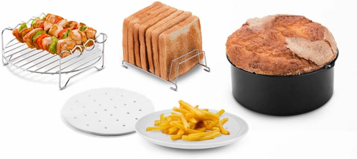 Accessoires voor Olievrije Luchtfriteuse - Cakevorm, Grillrek, Spiesjes en Bakpapier