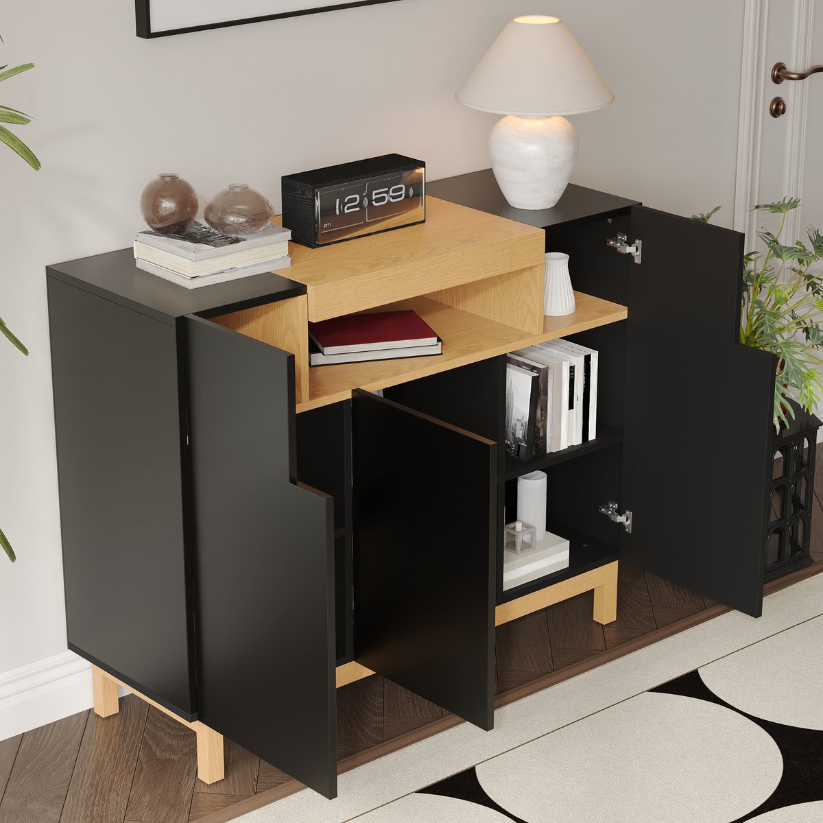 Wishdor Dressoir Met Drie Deuren En Open Middenvak - Minimalistische Stijl - Spaanplaat - Zwart - 120,5 X 42 X 96 Cm