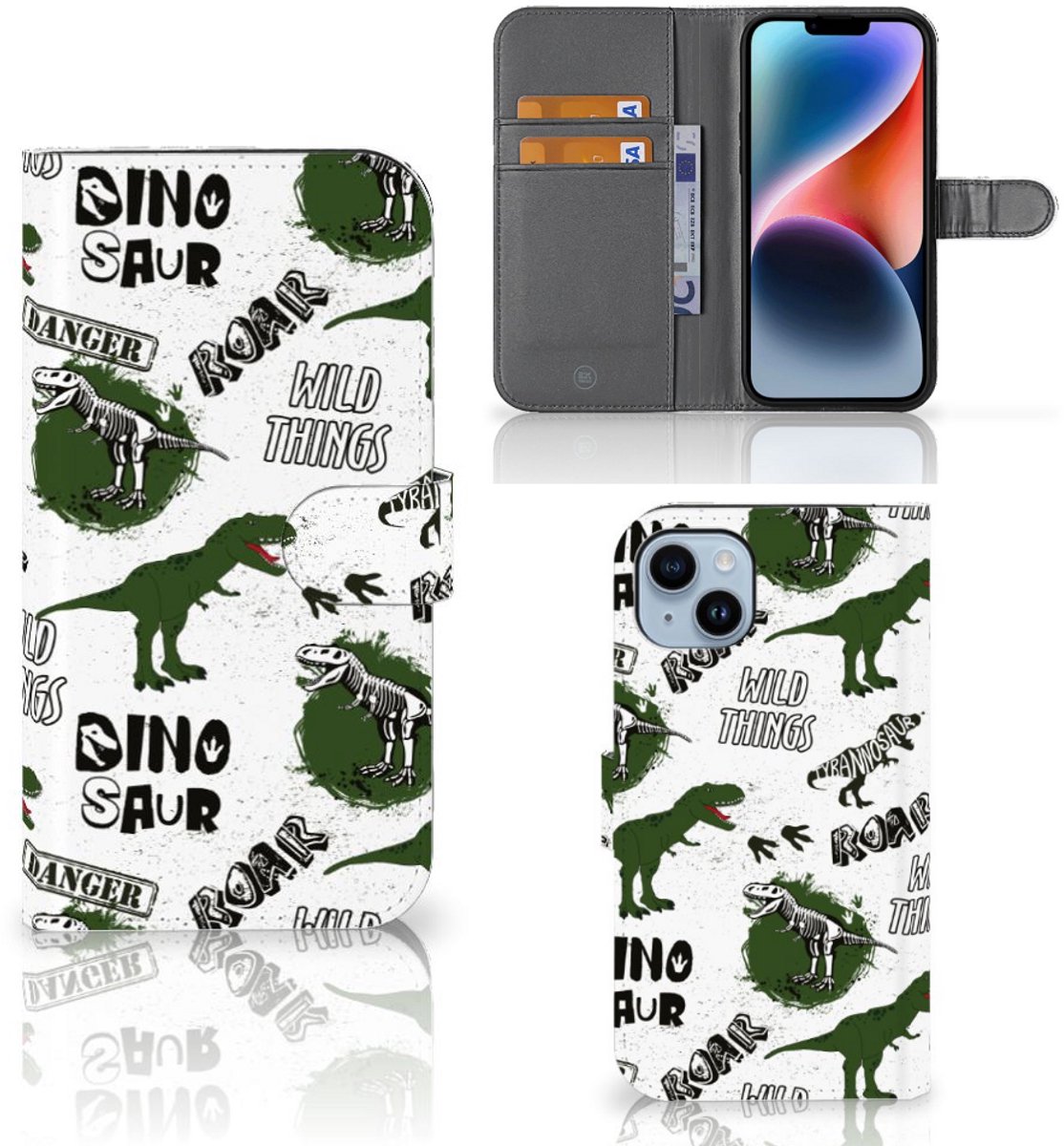Telefoonhoesje met Pasjes voor iPhone 15 Plus Dinosaurus