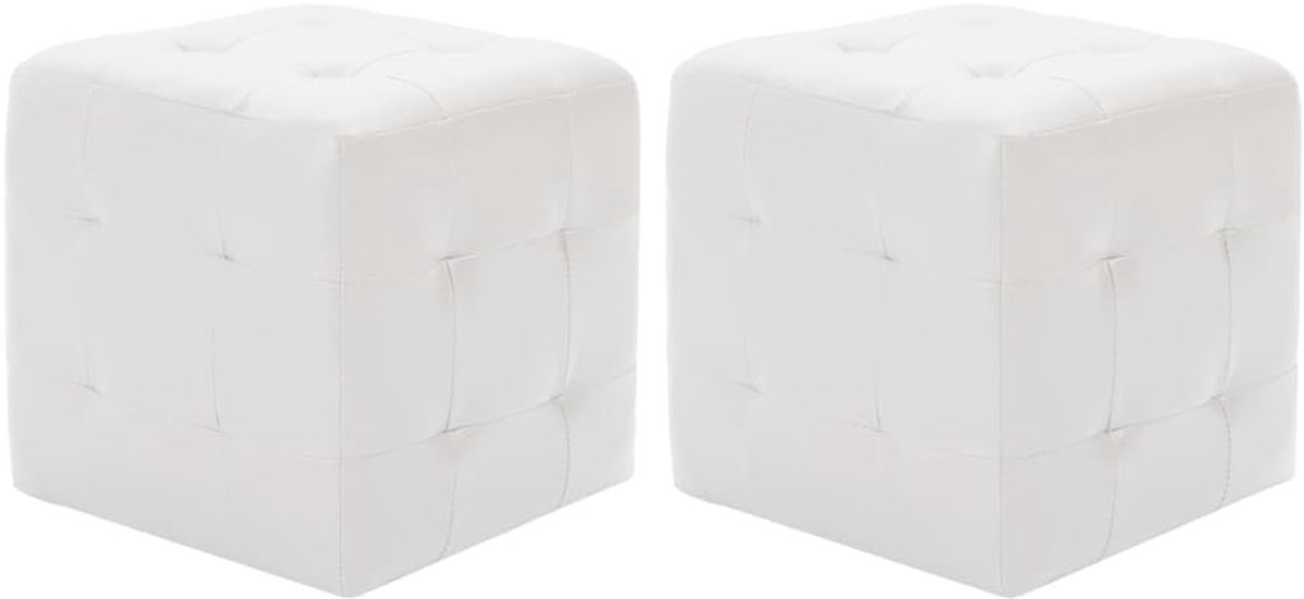 2x Trendy Poufs in Witte Kunstleder - Comfortabele Hocker en Voetensteunen