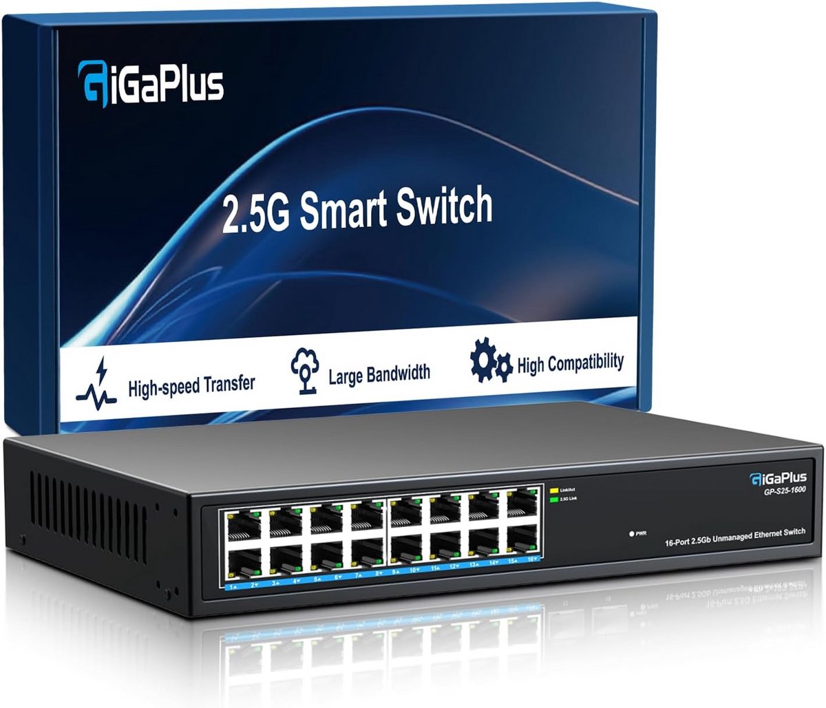 16 Poorten 2.5Gb Niet Beheerde Ethernet Switch - 2.5G Base-T Poorten voor NAS, PC, Draadloos Toegangspunt, WiFi 6 Router - Plug and Play, Geluidsloos Ontwerp