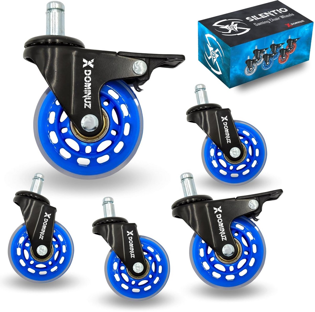 Ultra Quiet Office Chair Wheels with Brake - Set of 5 Rubber Casters for Parquet and Carpets