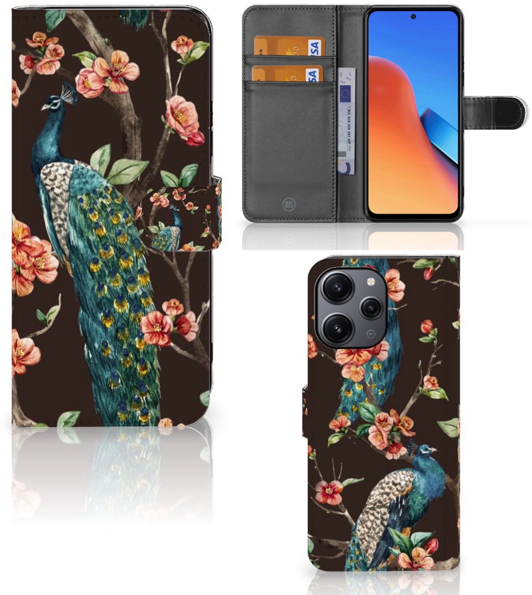 Xiaomi Redmi 12 Telefoonhoesje met Pasjes Pauw met Bloemen