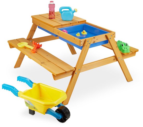 3-in-1 Kinder Picknicktafel met Zand- en Waterbak – Houten Kinderzitset – Voor 4 Kinderen – Speeltafel & Picknickbank – 89 x 48,5 x 85 cm