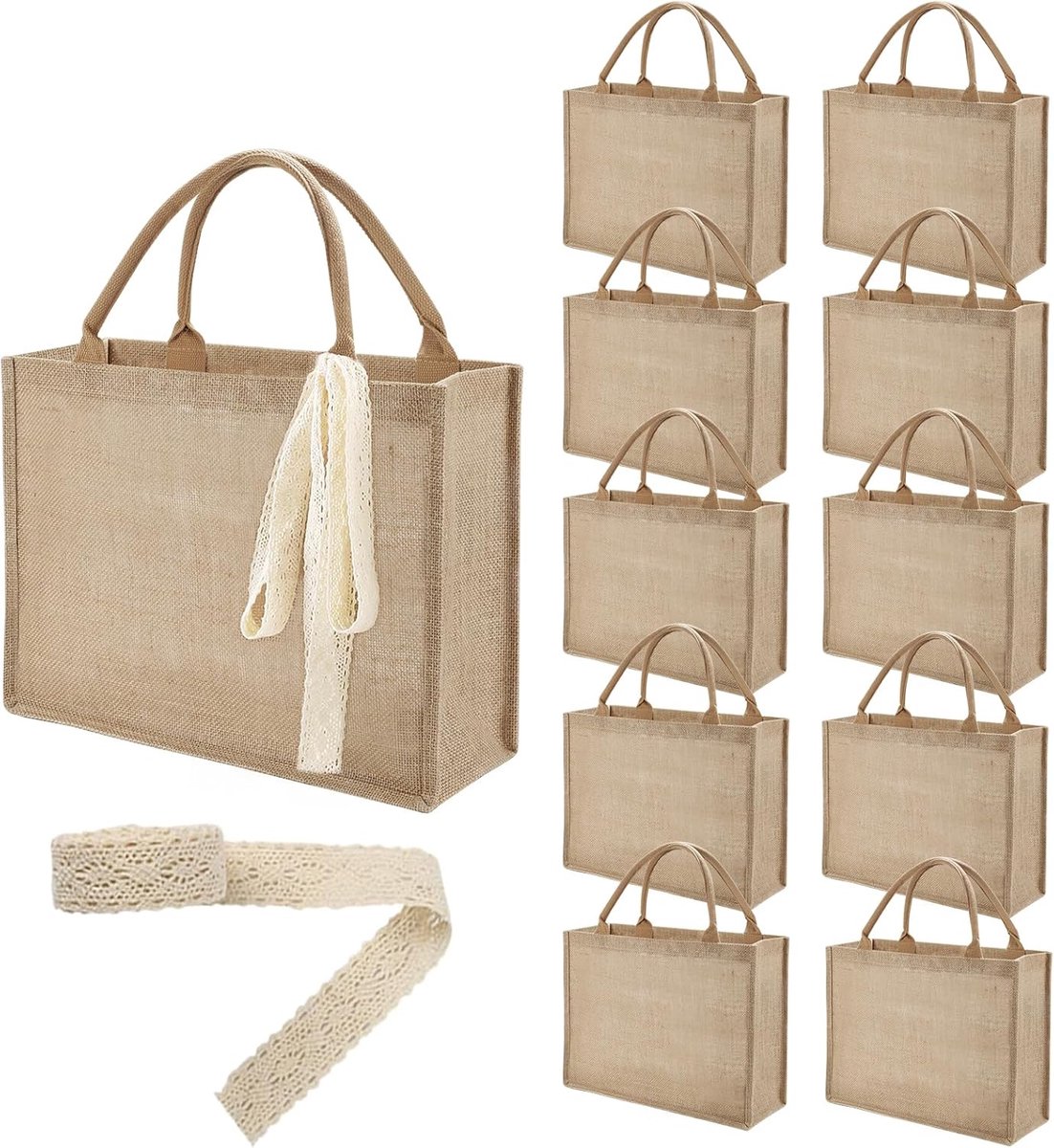 Grote jute draagtassen bulk - Herbruikbare waterdichte tas met 10 m lint voor geschenken