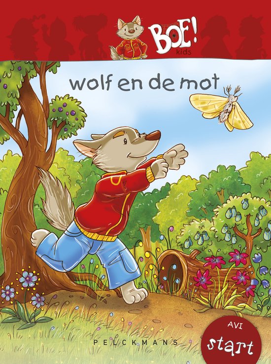Boek 'Wolf en de mot'. Een cartoonwolf in een rode trui en blauwe broek rent achter een gele mot aan in een bos.