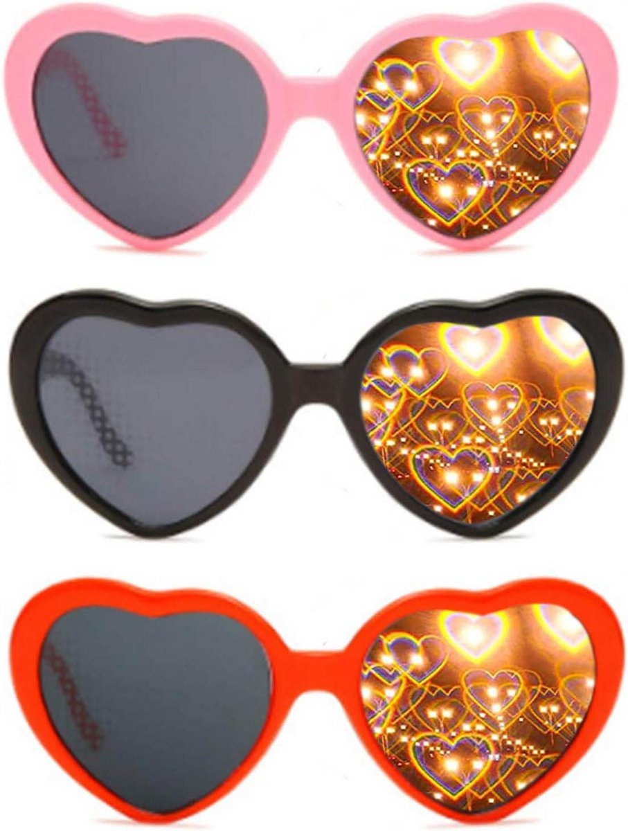 3 Stuks Hartvormige Effectbril voor Lichteffecten - Festival & Feestaccessoire