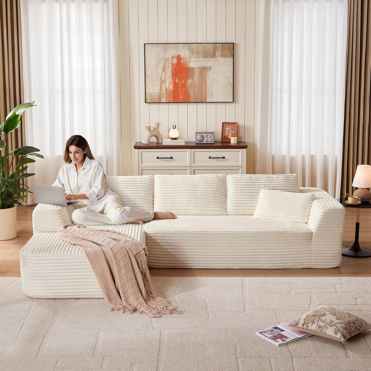 Hoekbank met Slaapfunctie 270x176x57 cm – Modulaire L-Vormige 3-Zits Bank met Chaise Longue & Voetenbank – Beige Corduroy – Geen Montage Nodig – Luxe Sectionele Slaapbank – Cloud Comfort – Pauwhome