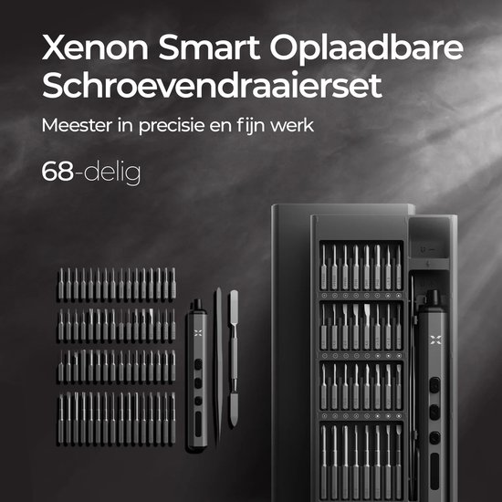 Xenon Smart Schroevendraaierset 68-delig, met grijze schroevendraaier, magnetische houder en alle 68 bits.