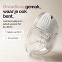 Close-up van een witte Zookie draadloze borstkolf met USB-C poort en display.