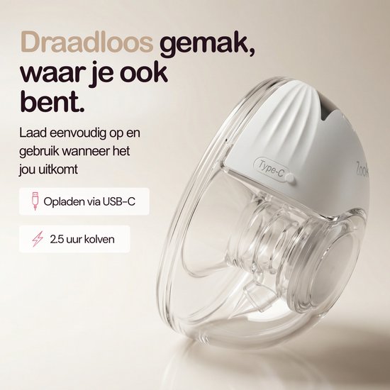 Close-up van een witte Zookie draadloze borstkolf met USB-C poort en display.