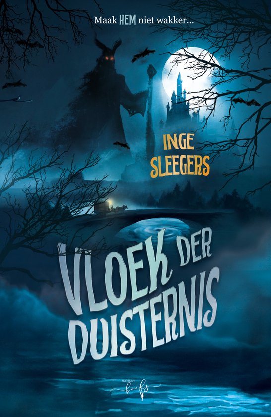 Een demonische figuur en kasteel onder een volle maan, met de tekst 'Vloek der Duisternis'.