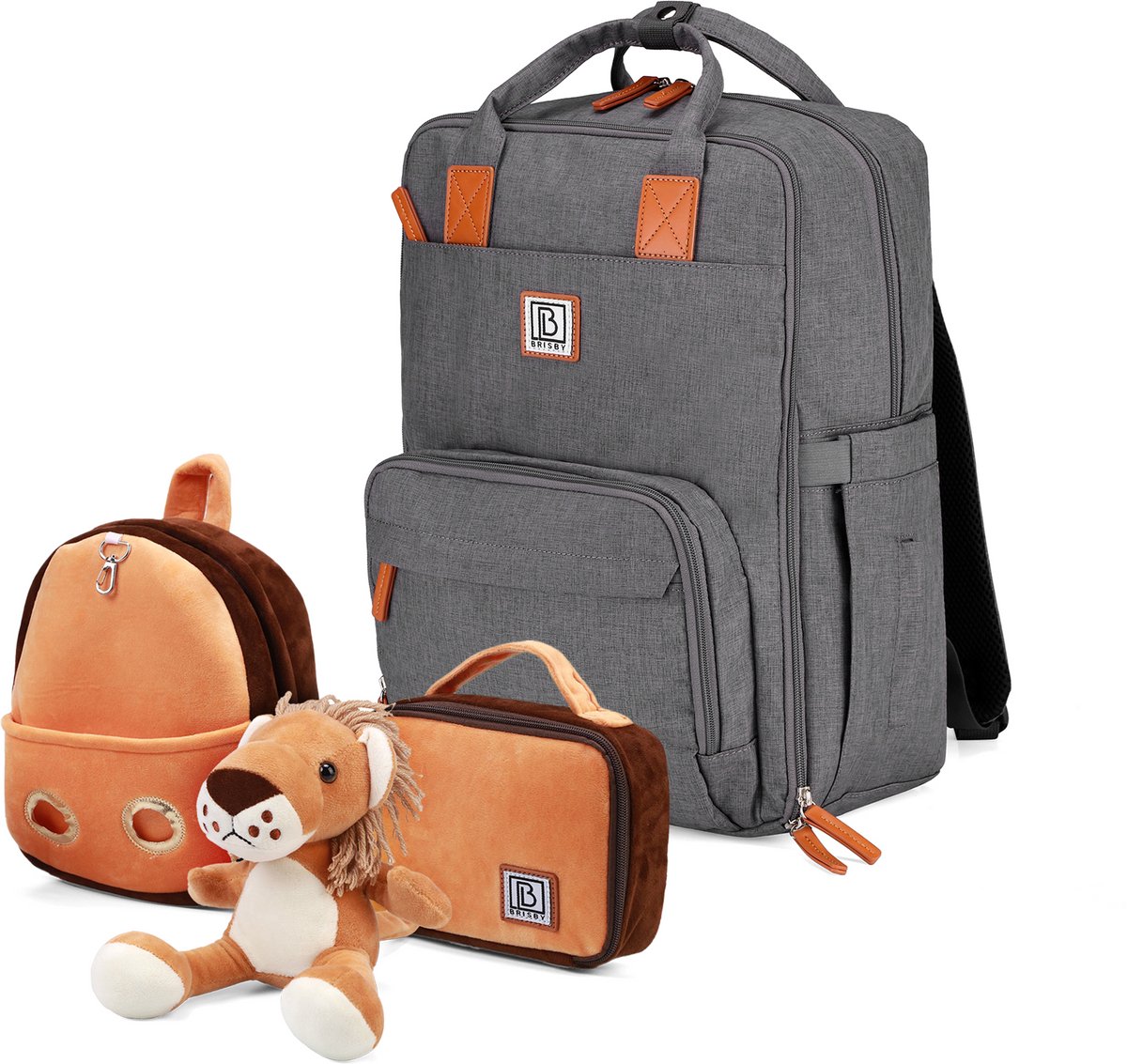 Brisby Luiertas Original - Donkergrijs- Kinderrugzak - 1.5L kinderlunchtas Leeuw