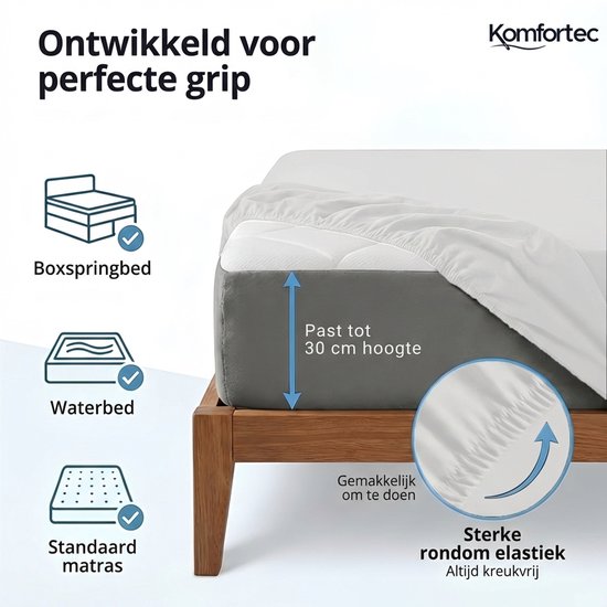 Hoeslaken om een matras met een hoogte tot 30 cm, met rondom elastiek. Geschikt voor boxspringbed, waterbed en standaard matras.