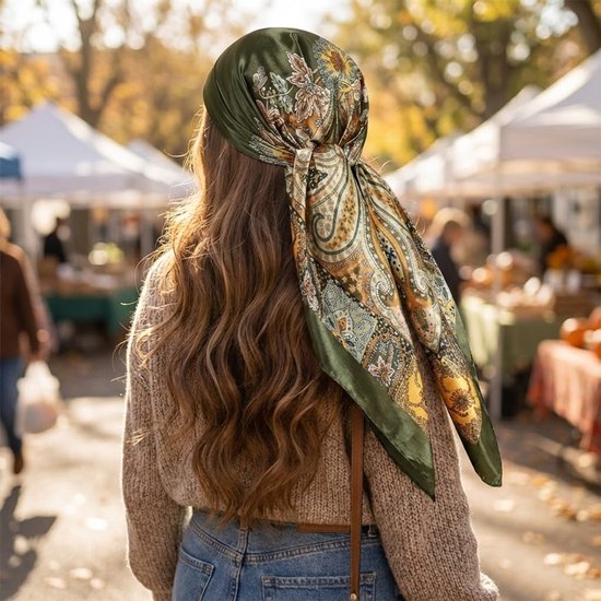 Vrouw met lang bruin haar, draagt een groene satijnen hoofddoek met paisley print, op een markt.