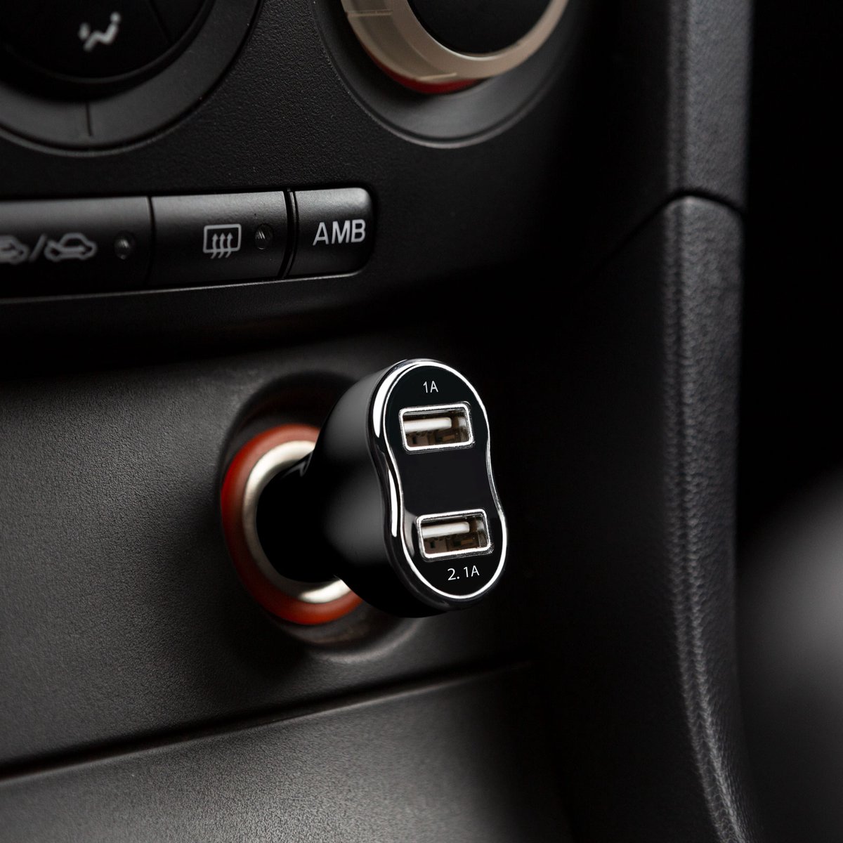 Autolader sigarettenaansteker - 2x USB (2,1A + 1A) - 12-24V - compacte dubbele USB-autoadapter - zwart - stijlvol design met chroomrand [55054BK]