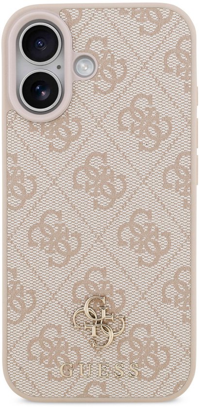 Coque de téléphone Guess beige avec motif logo et logo Guess doré, vue de la double caméra.