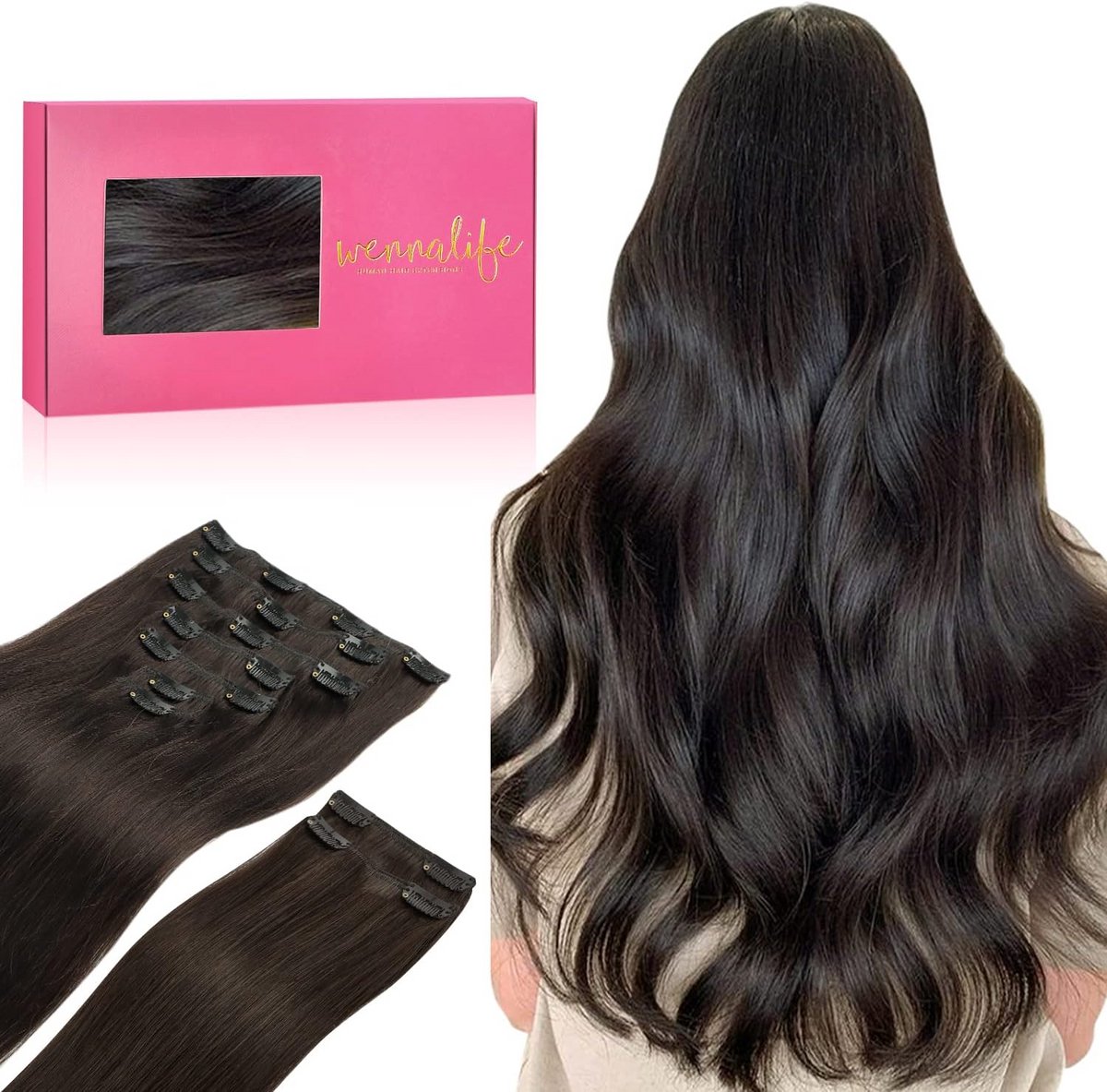 Clip-in Extensions 150g 40cm Echt Haar 9 Delen DonkerbruinVolume