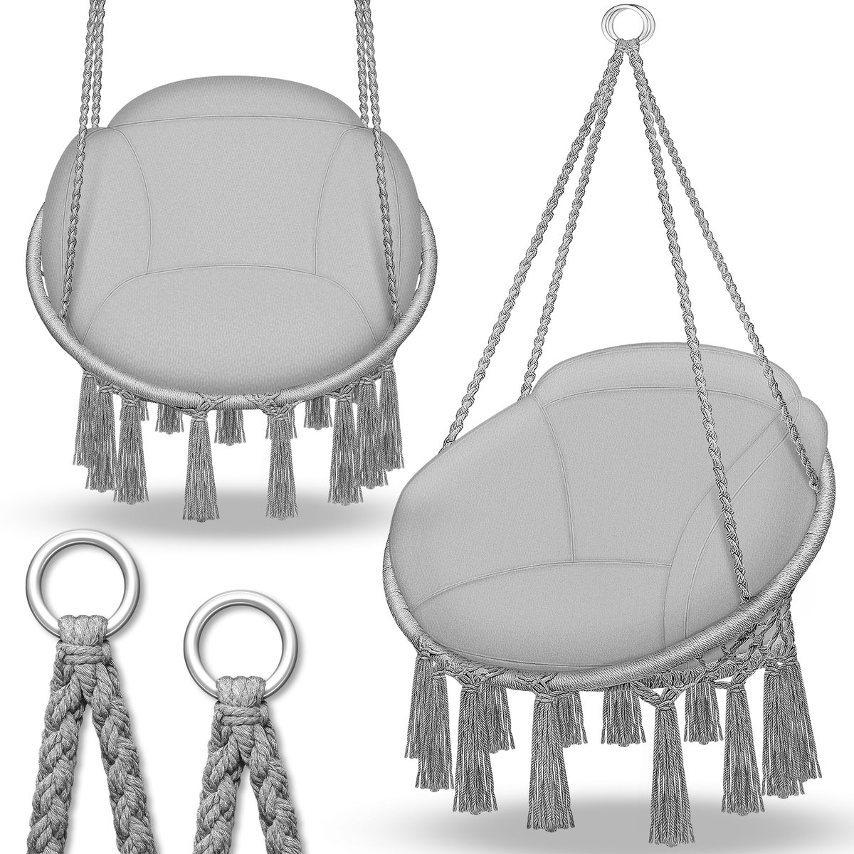 tillvex Hangstoel 150 kg met 2 stalen ringen | Hangstoel voor binnen en buiten | Weerbestendig, schommelmand met kussen | Voor woon- en tuin