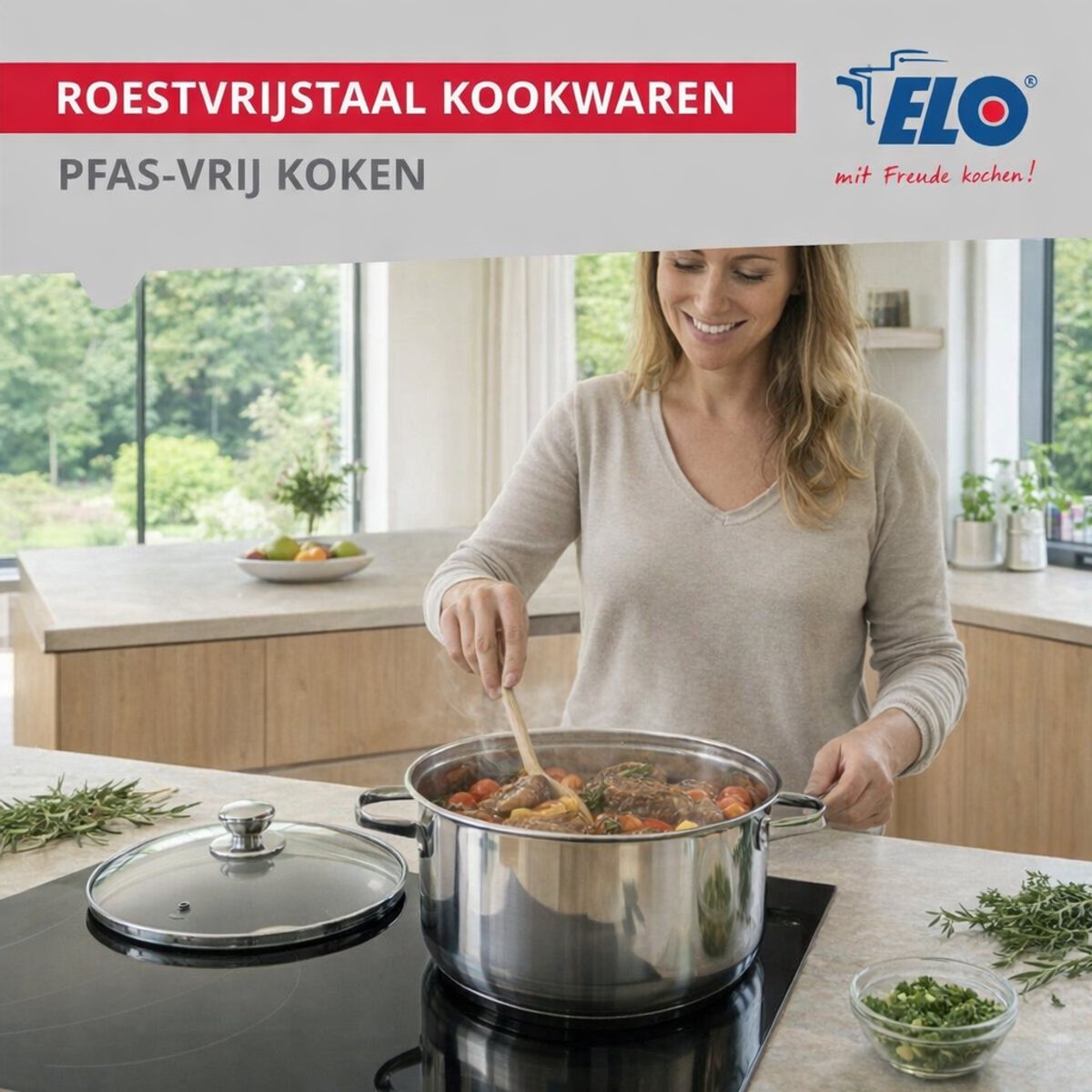 Hoge kookpan 20 cm van roestvrij staal zonder PFAS Elo Brillant
