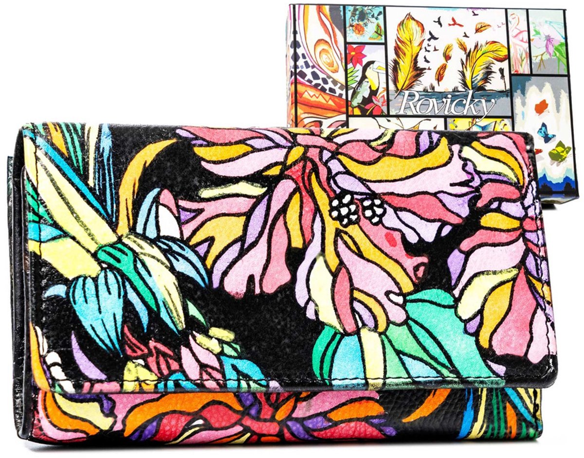 Rovicky - Artistieke Stijl Portemonnee - Plantaardige Print - Natuurlijke Leer - Veiligheidszichthoek