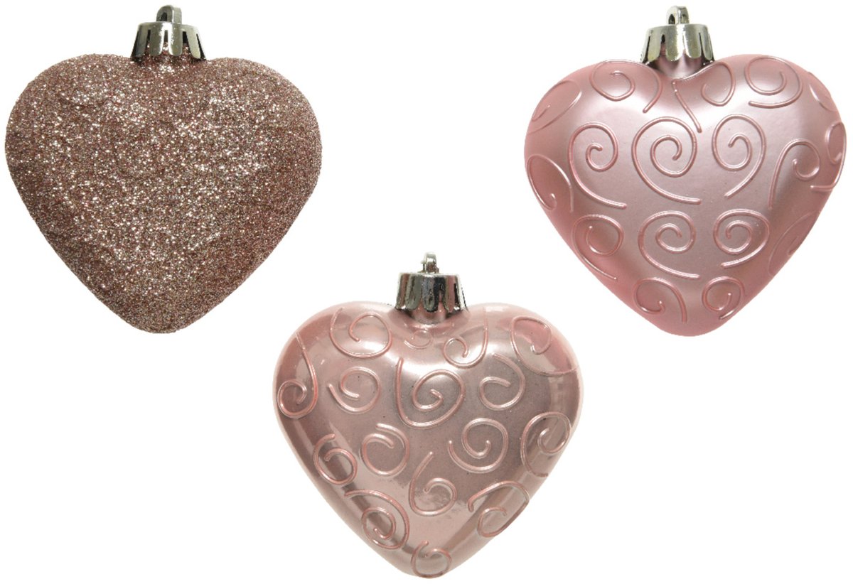 KAEMING B.V. - 6 roségouden glitter hartjes kerstboomhangers 7,5 cm
