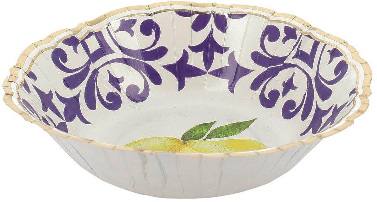 ARTYFETES - 8 kommen citroenen karton koningsblauw, geel, wit en goud 13,5cm mediterraan bloemmotief