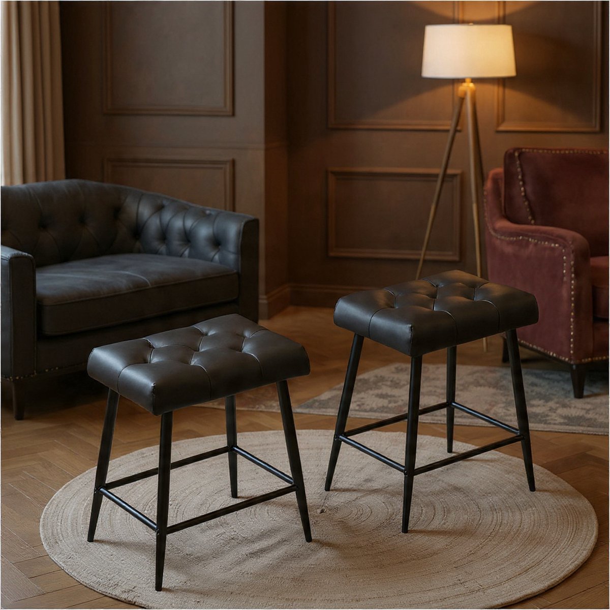 Set van 2 barkrukken, hoge barkruk, barkruk van microvezelleer, hoge barstoel met voetensteun, industriële keukenkruk, 62,5 cm hoog voor de keuken, zwart - Casa Serena – 62,5 cm – Casa Dorada