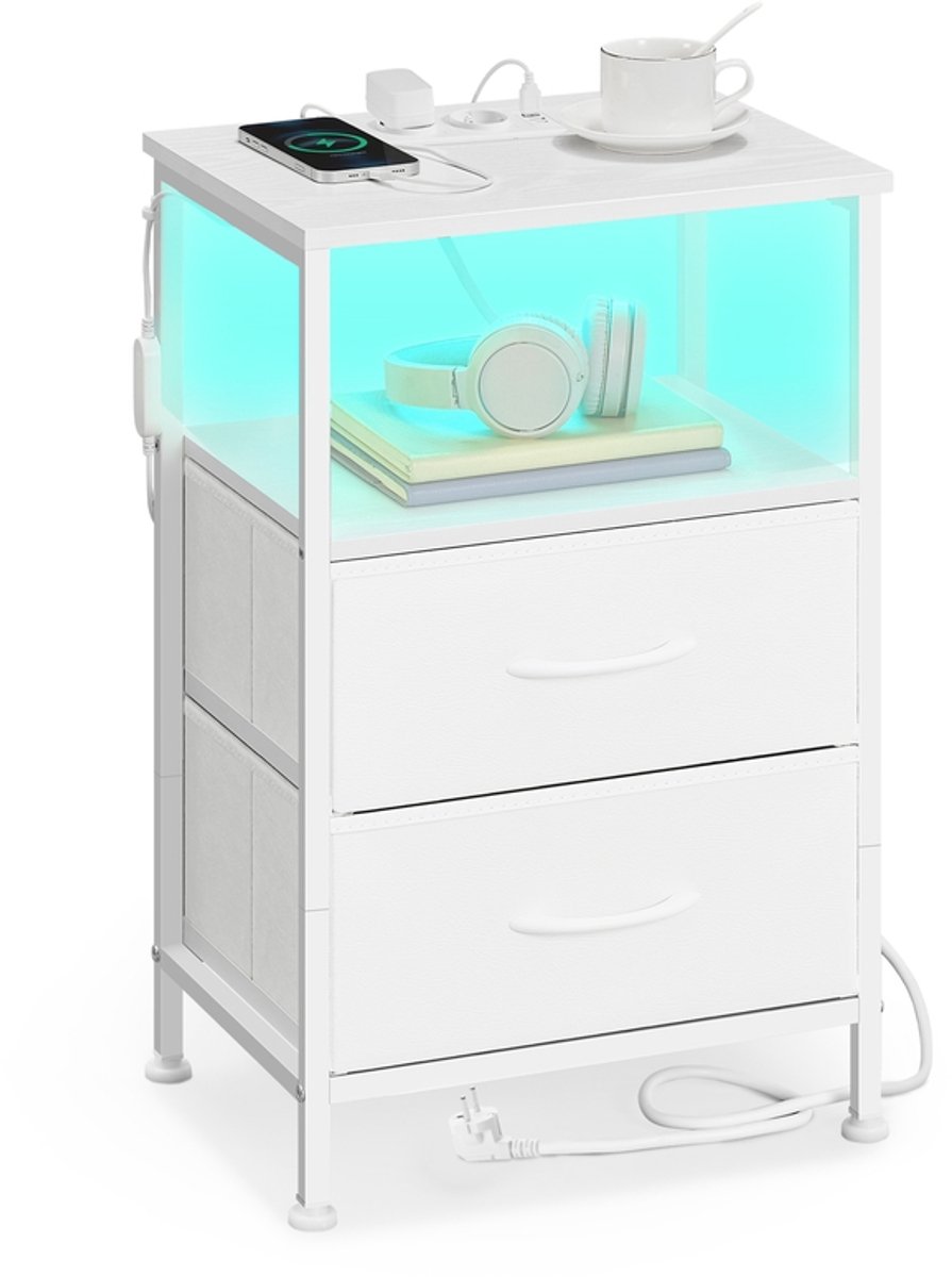 BELLAH Collectie - Nachtkastje met oplaadstation en app-gestuurde verlichting - 1 open vak - 30 x 39,6 x 60,4 cm - Wolkenwit/Sneeuwwit