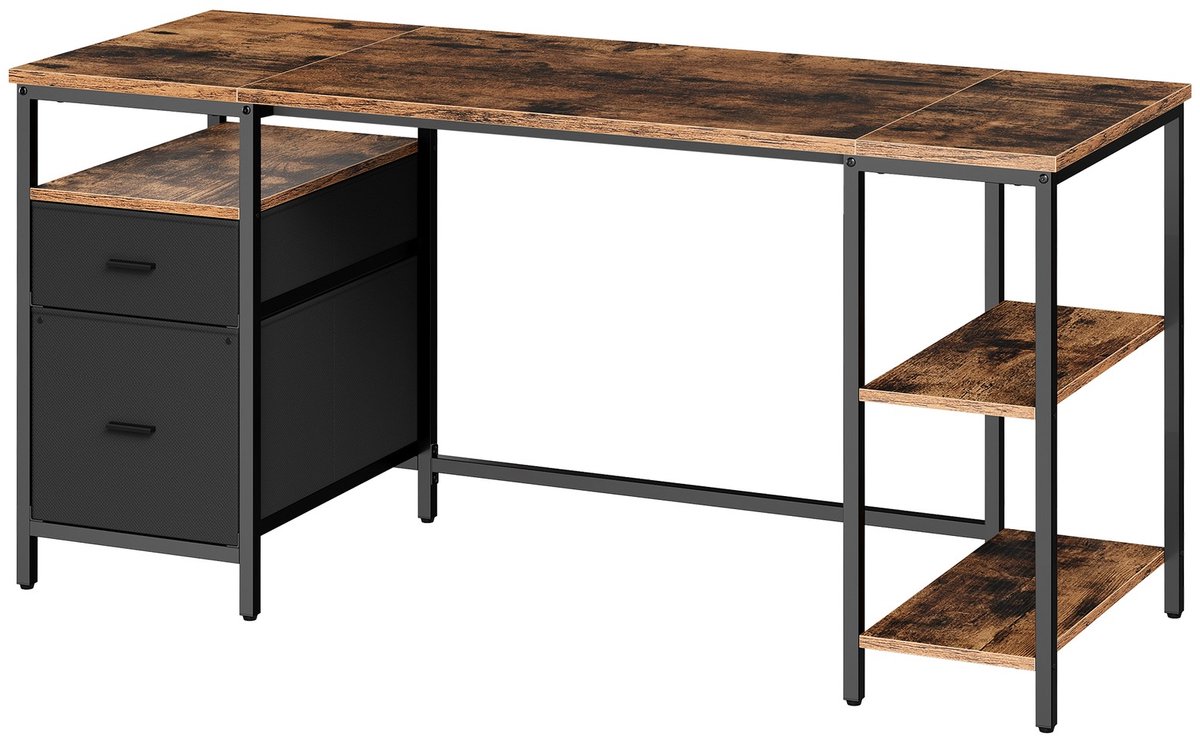 Computerbureau – Met 3 planken en 2 lades – Vintage bruin-zwart – 60 x 160 x 76 cm