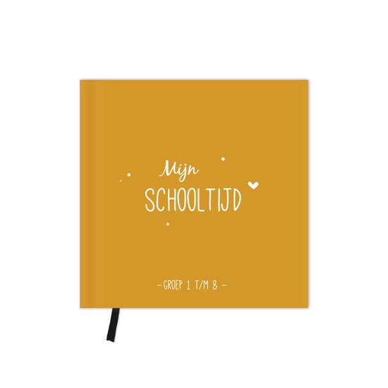 Okergele kaft met de tekst 'Mijn SCHOOLTIJD' en '- GROEP 1 T/M 8 -'.