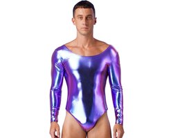 Glanzend Metallic Bodysuit Heren Lange Mouwen Dans- en Clubkleding