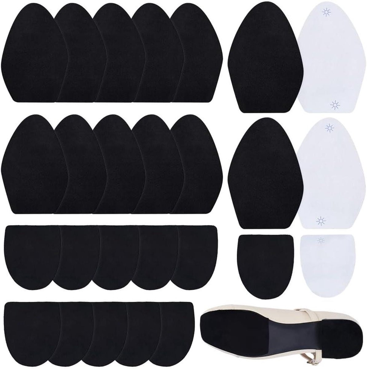 24 zwarte anti-slip schoenzoolbeschermers voor hoge hakken en sneakers, met een stevige lijm voor optimale grip.